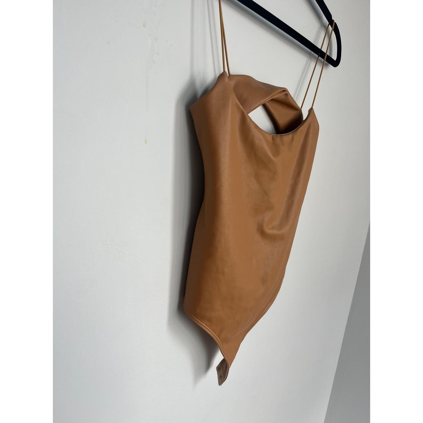 Alix NYC Faux Leather Bodysuit Women XS Cutout Spaghetti Strap Tan