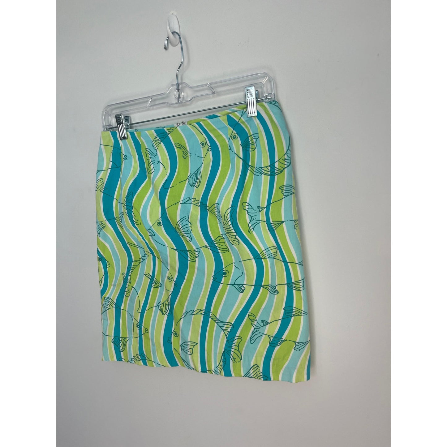 Lilly Pulitzer Mini Vintage Skirt Women 6 Green Blue Fish Print Cotton Beach