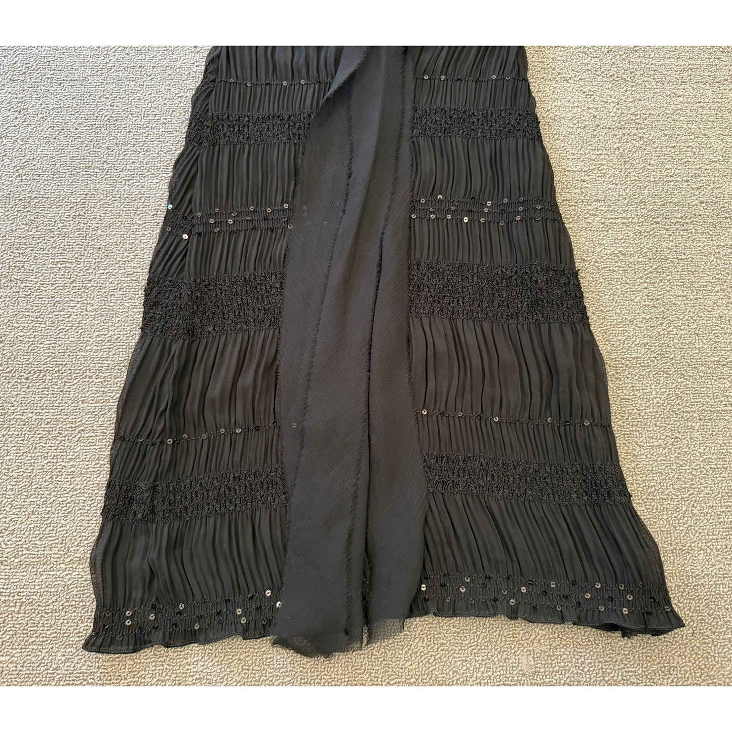 ABS Allen Schwartz Women XXS Sheer Black Sequin Beaded Tiered Ribbon Tie Dress