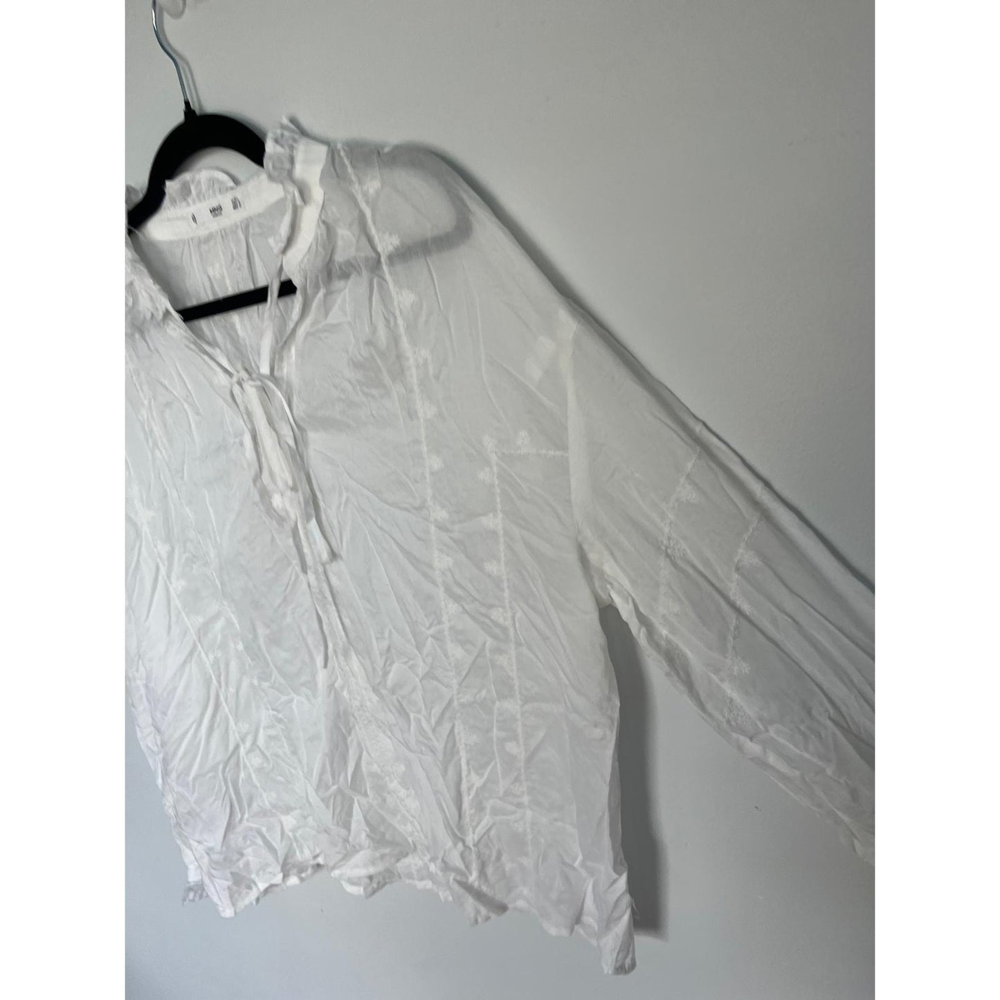 MNG White Blouse Women 8 Sheer Long Sleeve Ruffle Collar Tie Neck Lightweight