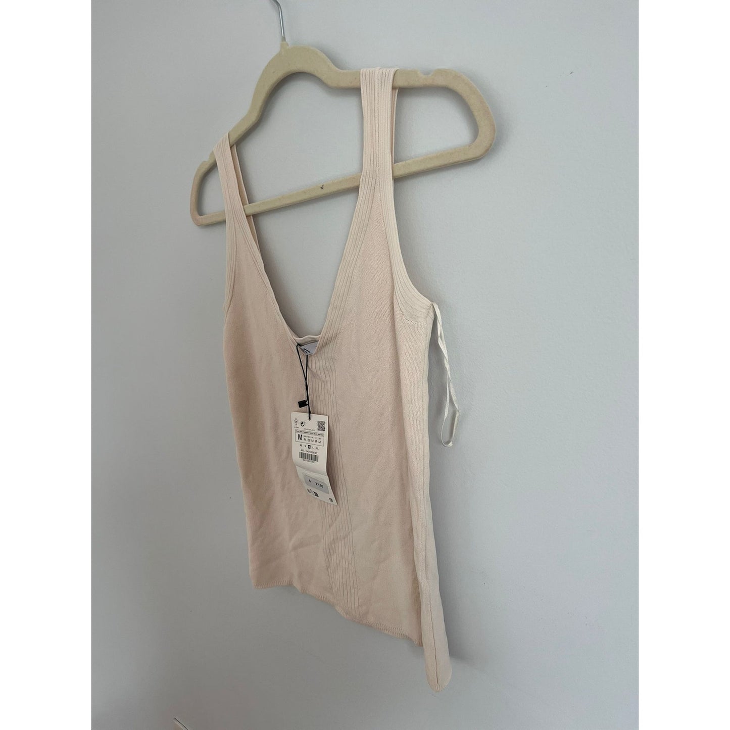 ZARA Tank Top Women M Beige Ribbed Knit Square Neck Sleeveless