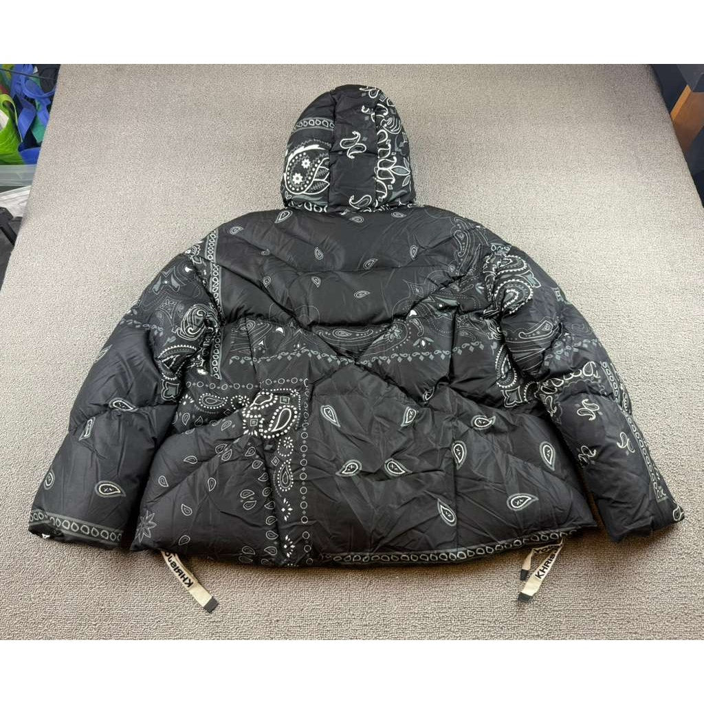 KHRISJOY Puffer Jacket Women 2(L) Black Down Hooded Bandana Print Italy Madede