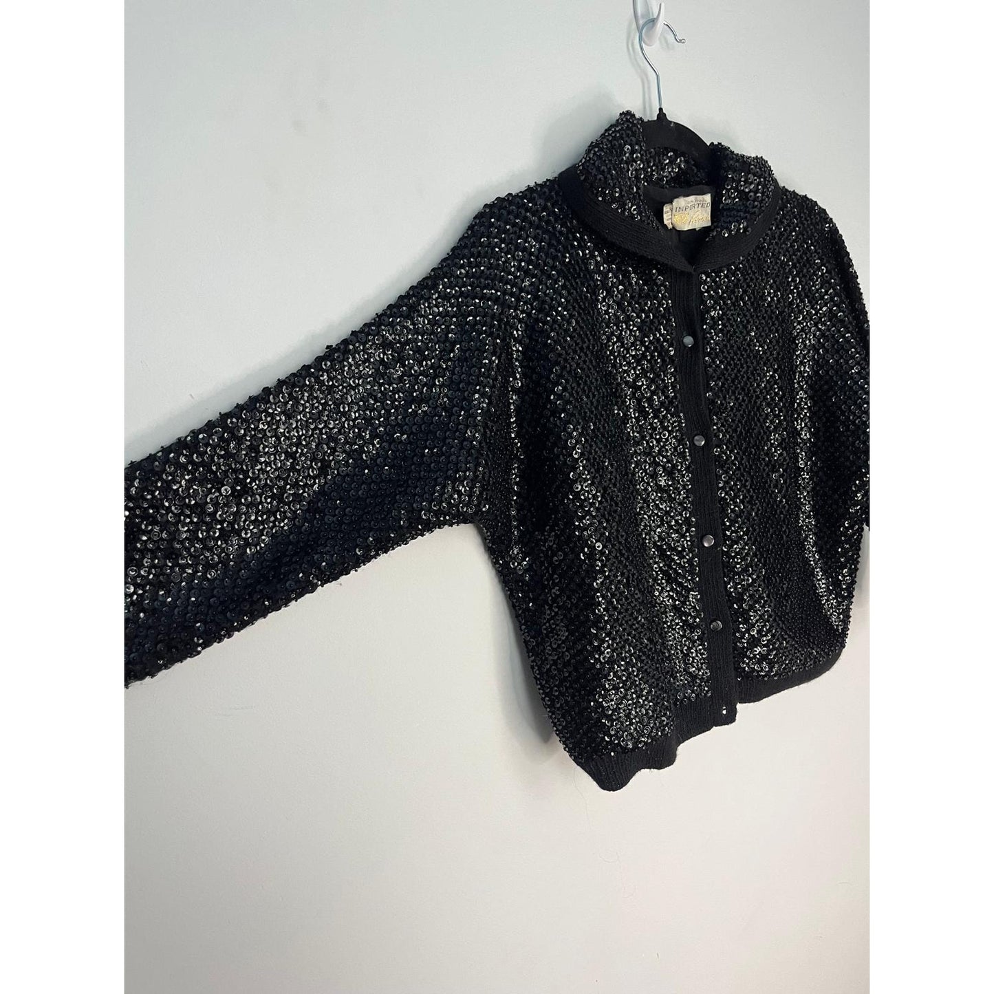 Riviera Sequin Wool Cardigan Sweater Womens 40 Black Vintage Beaded Button Up