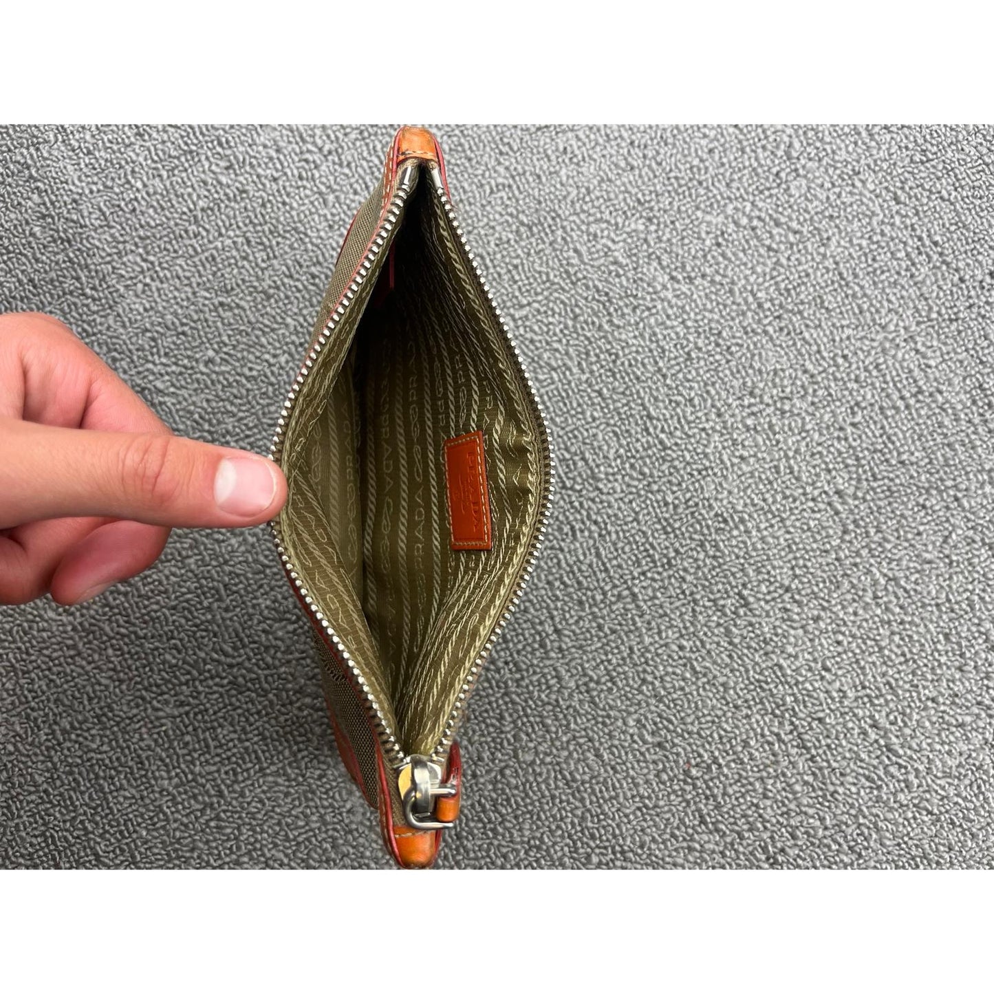 Authentic Prada Jacquard Pouch in Brown/Beige Canvas and Orange Leather Rare