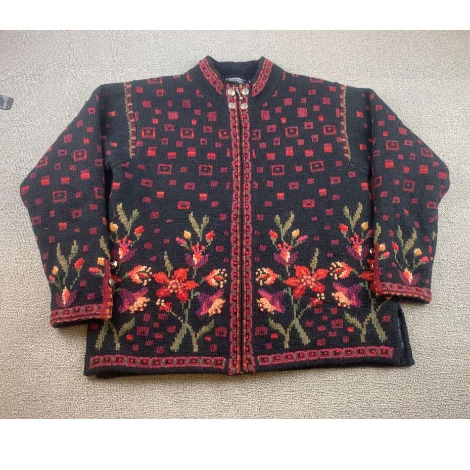 Vintage Icelandic Design Zip Up Size Small Sweater Wool Blend Flowers Red Black