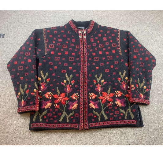 Vintage Icelandic Design Zip Up Size Small Sweater Wool Blend Flowers Red Black