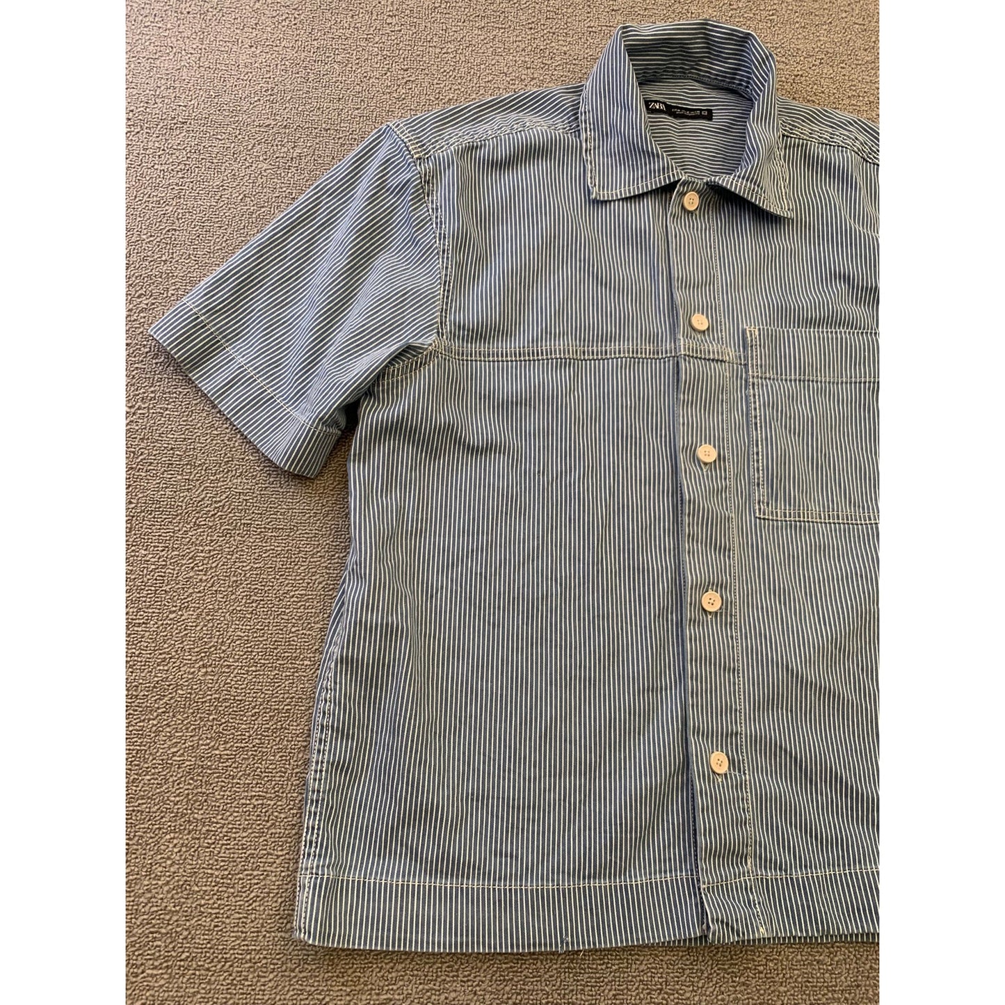 Zara Men's Medium Blue Striped Short Sleeve Button Up Work Shirt