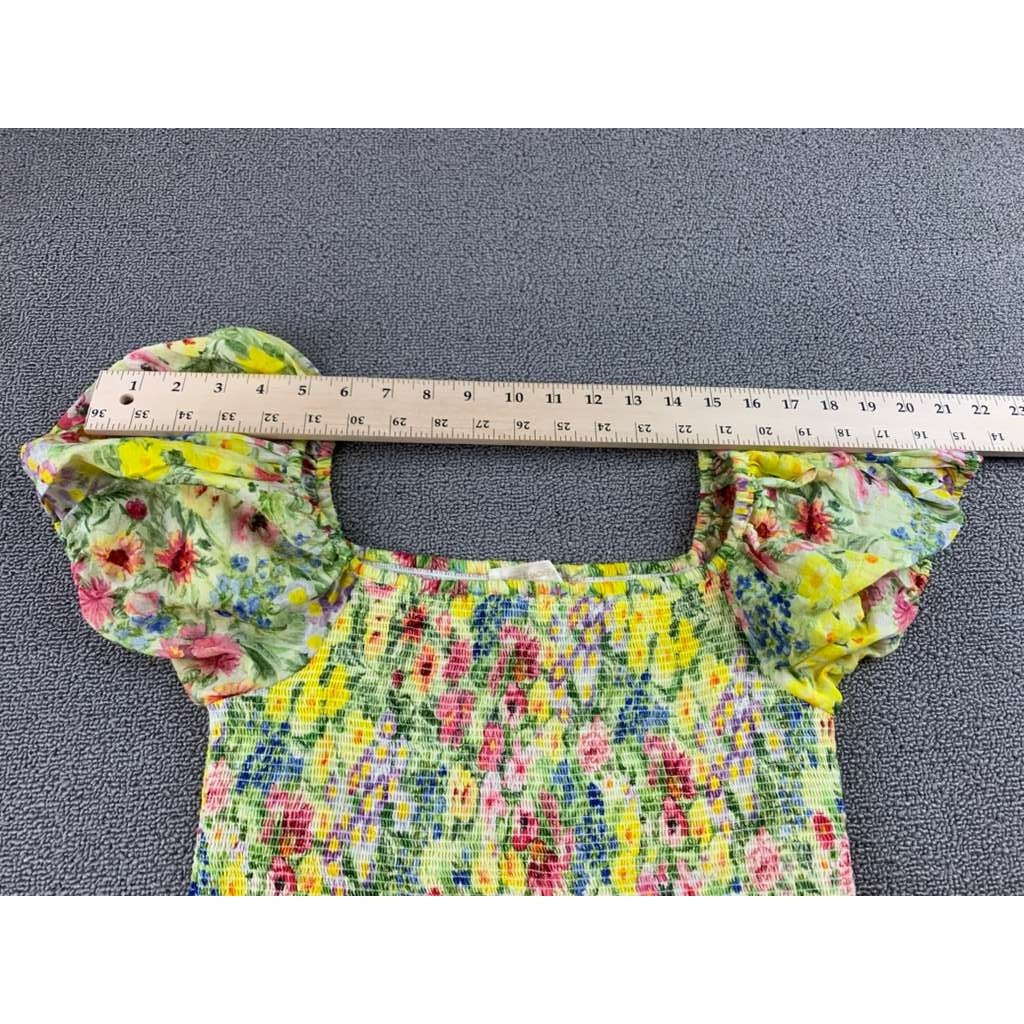 Love Shack Fancy Floral Dress Women XS Yellow Puff Sleeve Smocked Tiered Eyelet