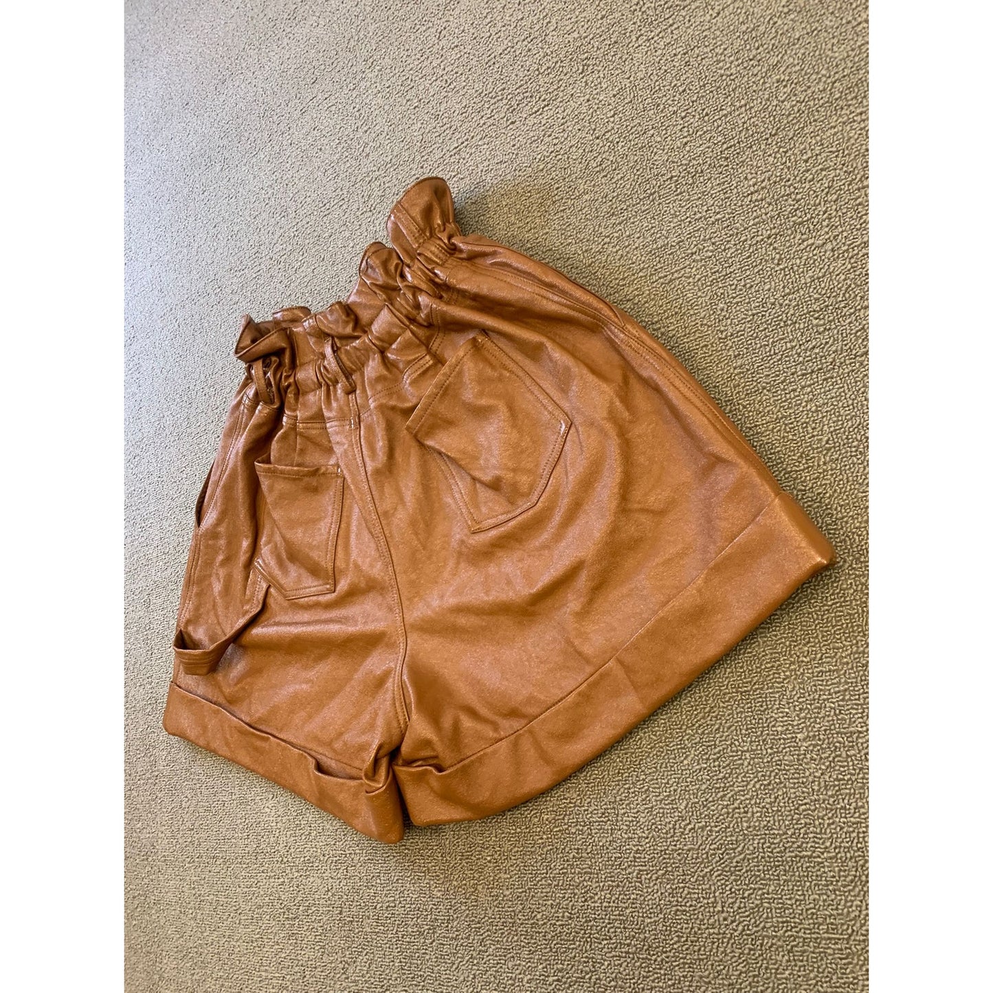 Ronny Kobo Women Large Brown Faux Leather Paperbag Shorts