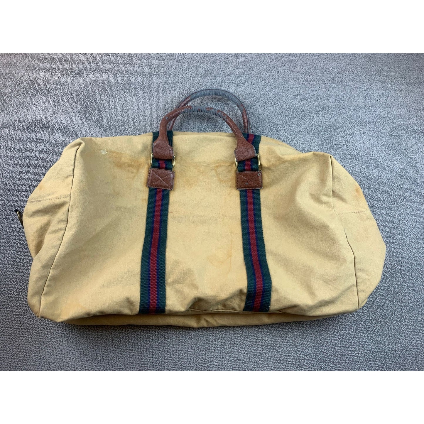 Vintage Polo Ralph Lauren Tan Green Red Stripe Canvas Overnight Duffel Bag