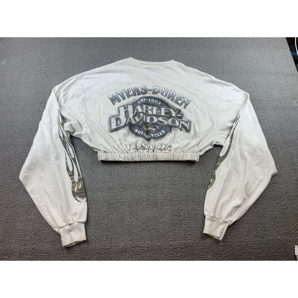 VTG Harley Davidson Cropped Graphic Shirt Size Small Camo Flames Tulsa Oklahoma