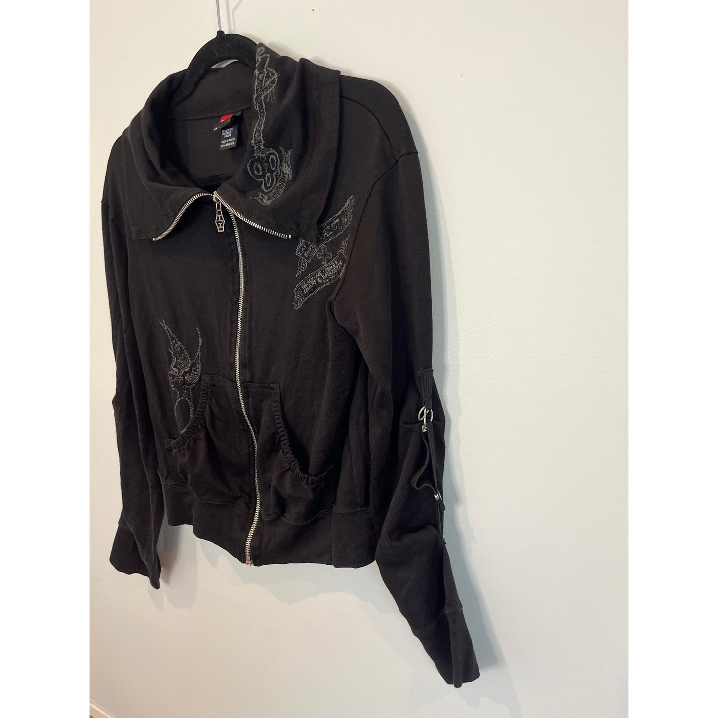 Diesel Zip Hoodie Women L Tattoo Swallow Embroidery Black Vintage
