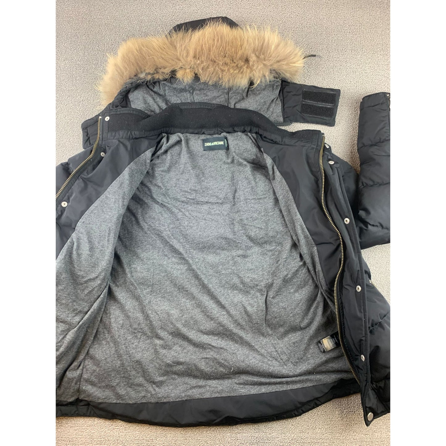 Zadig & Voltaire Katy Down Parka Women L Black Raccoon Fur Hood 80/20 Duck Down