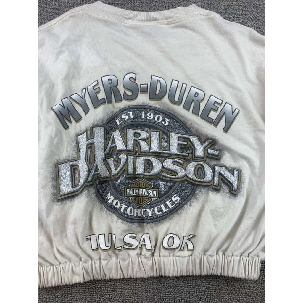VTG Harley Davidson Cropped Graphic Shirt Size Small Camo Flames Tulsa Oklahoma
