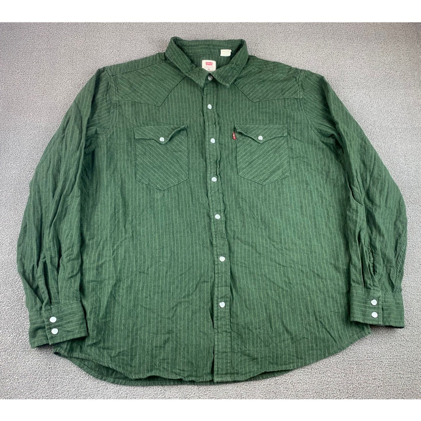 Levi's Men's Size XL Flannel Western Shirt with Green Stripes and Pearl Snaps