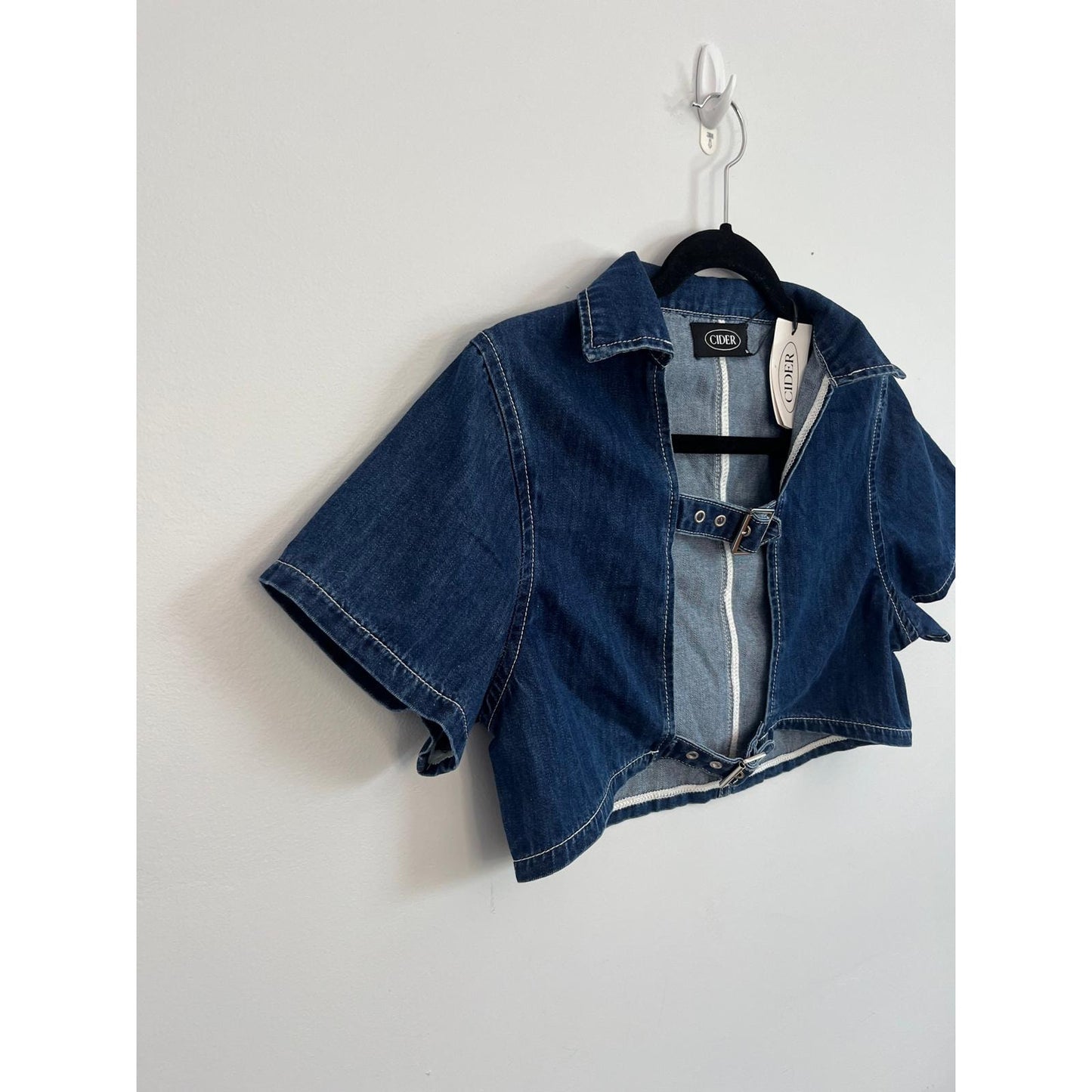 Cider Denim Crop Top Women M Blue Short Sleeve Zip Front Belted Jacket NWT