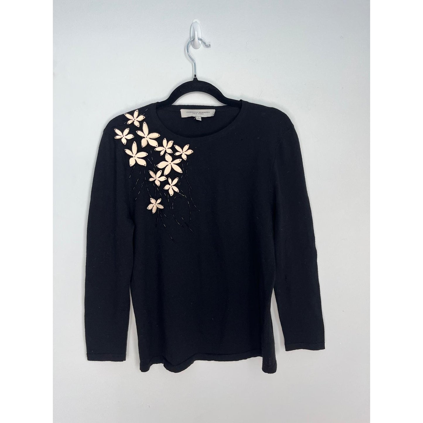 Carolina Herrera Floral Embellished Sweater Women L Black Embroidered Italy