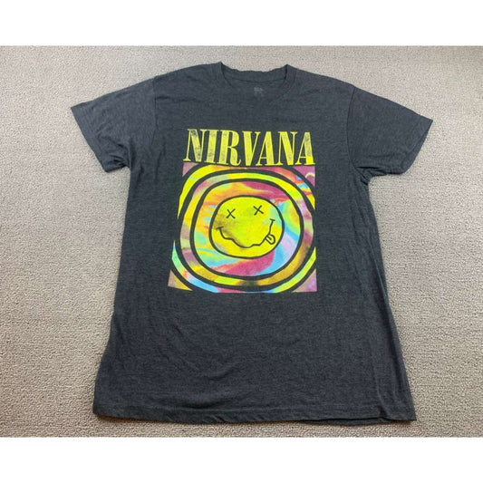 Nirvana Men's Large Charcoal Black Tie Dye Smiley Face Graphic Band T Shirt
