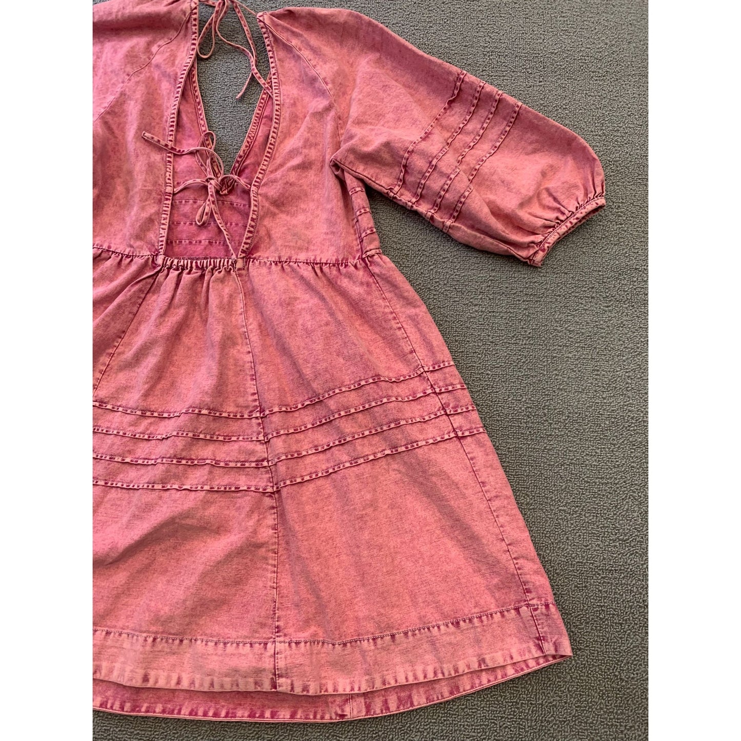 Free People Women's XS Petite Pink Acid Wash Mini Dress Tie Back