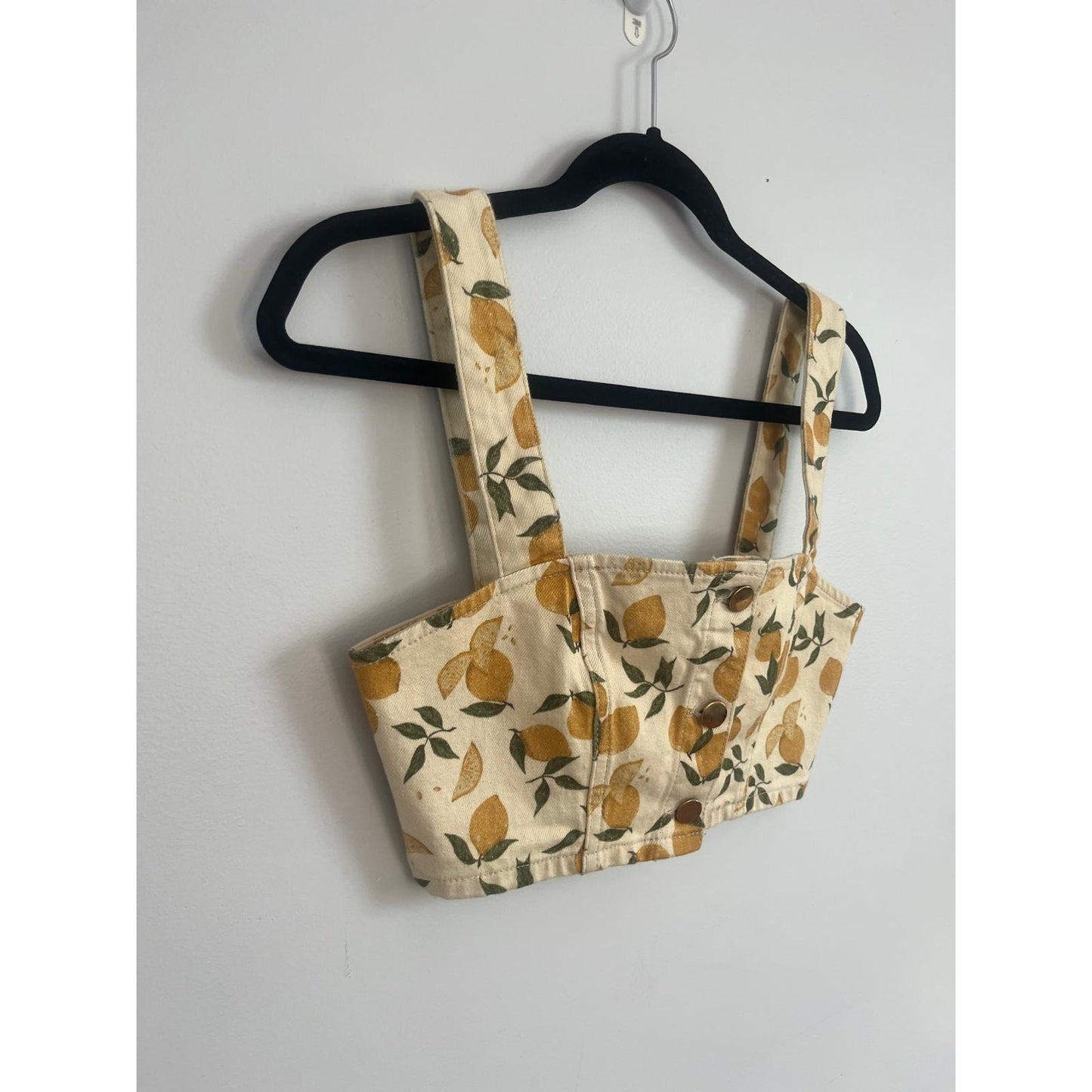Reformation Crop Top Women XS Yellow Lemon Print Denim Corset Button