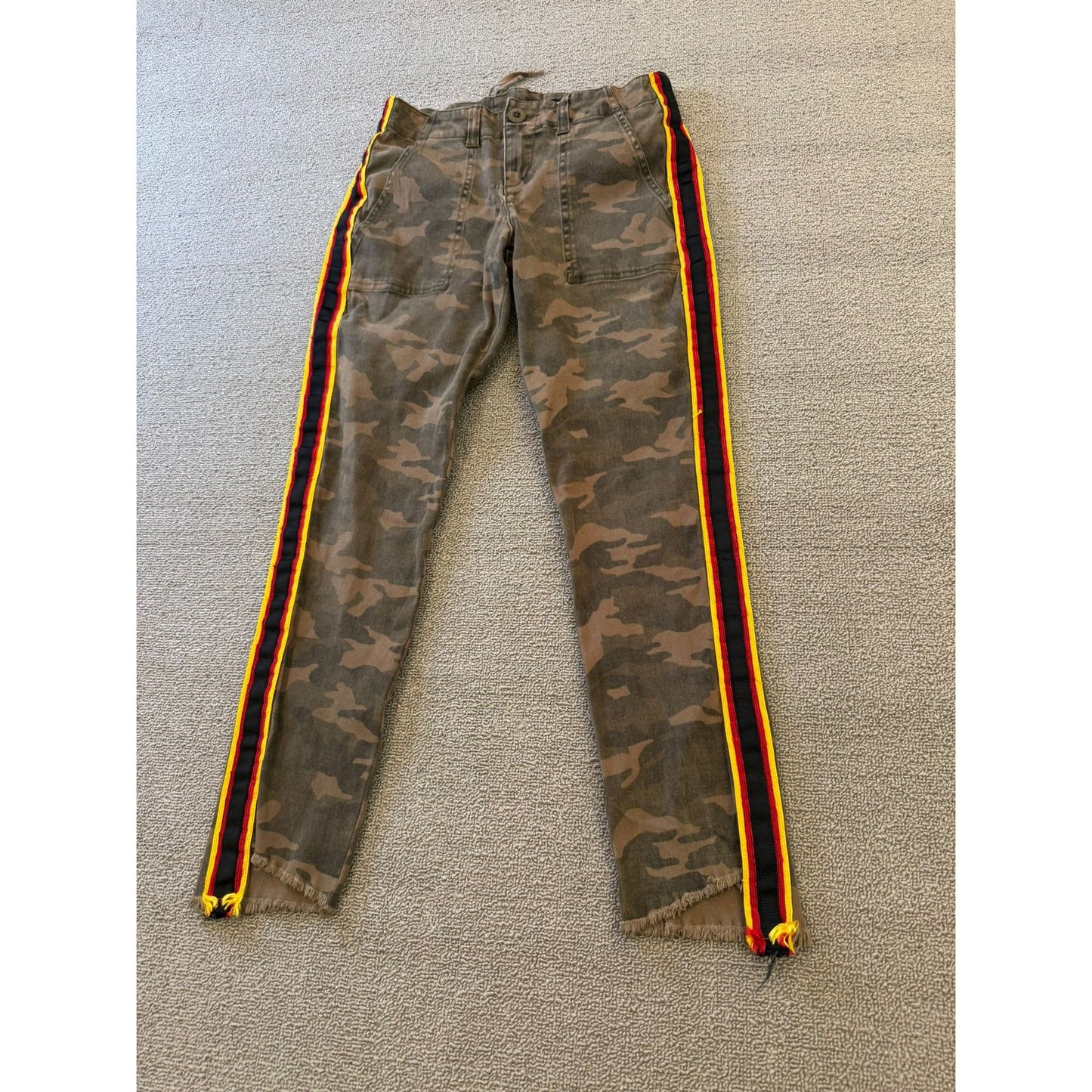 PAM & GELA Women's 24 Camo Camouflage Red Yellow Stripe Distressed Pants