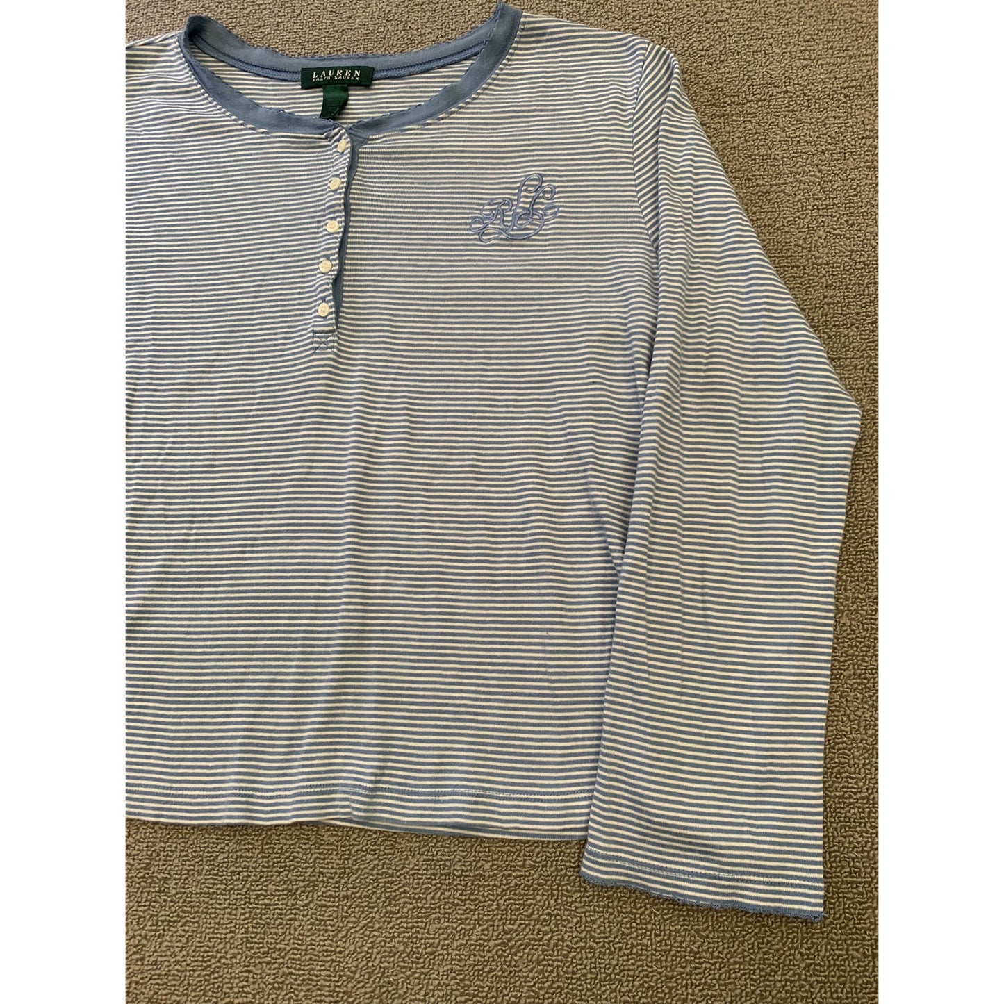 Lauren Ralph Lauren Women's Large Blue Striped Cotton Long Sleeve Loungewear