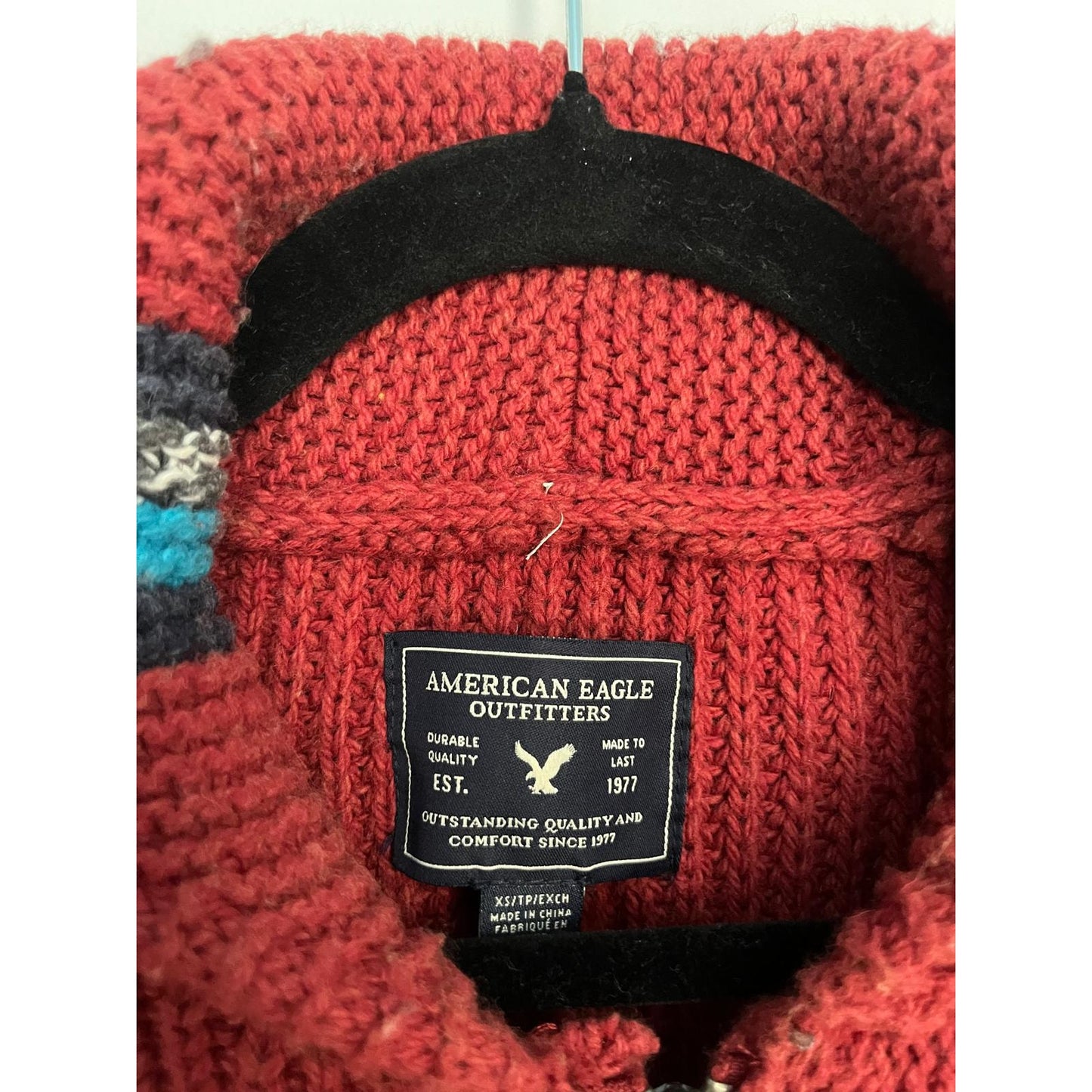American Eagle Cardigan Women XS Knit Sweater Red Winter Fair Isle Zip Trees