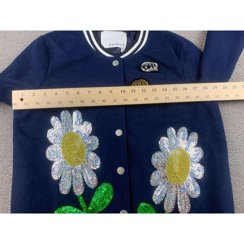 Signature 8 Varsity Bomber Jacket Women S Navy Blue Sequin Daisy Floral