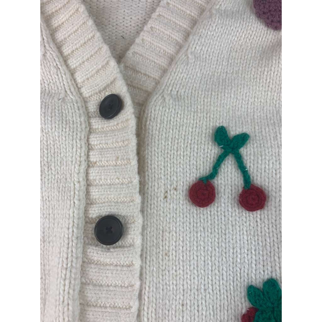 Rails Cardigan Women M Cream Button Front Cherry Strawberry Knit Puff Sleeve