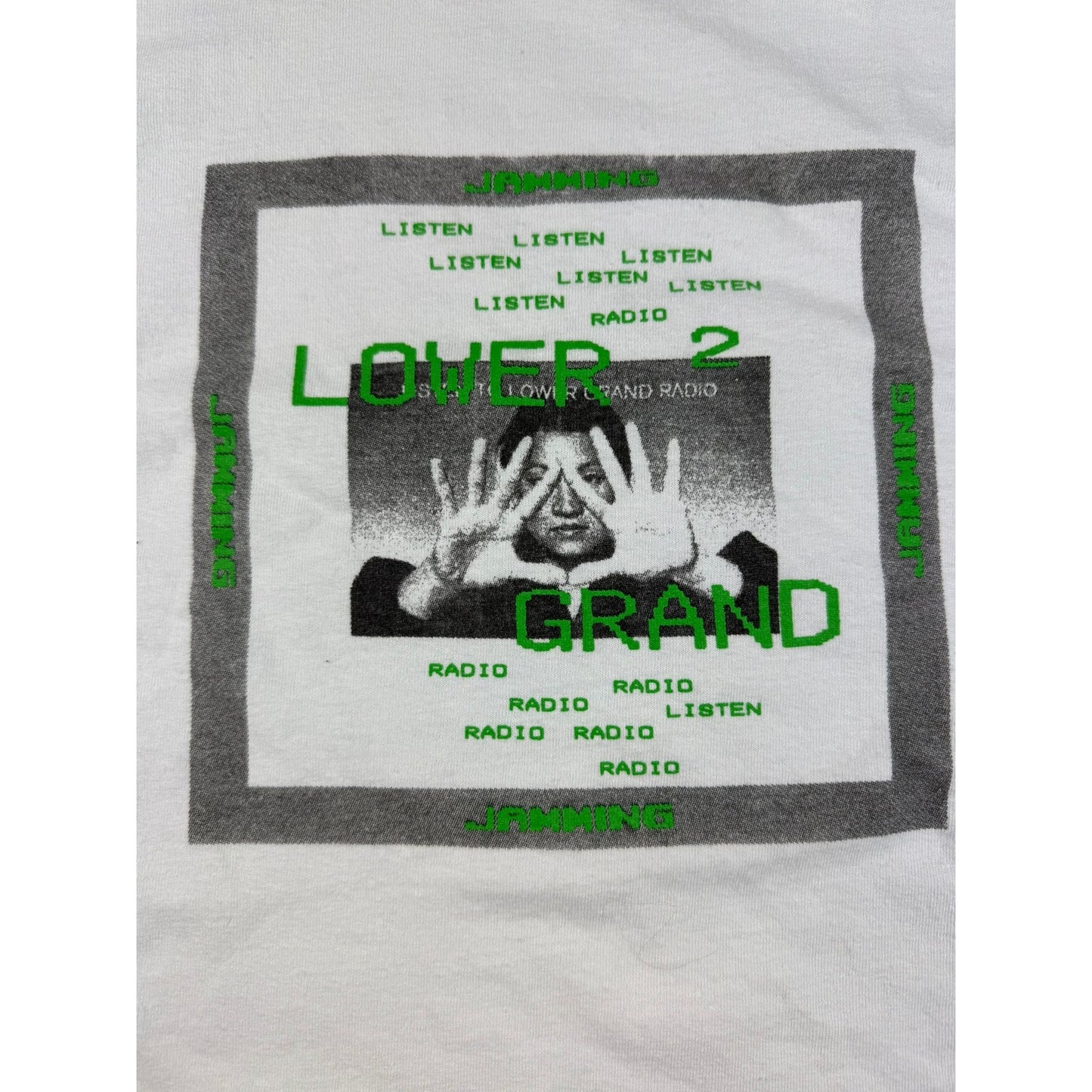 Lower Grand Radio Men's Large White Green Graphic Print Jamming Tshirt