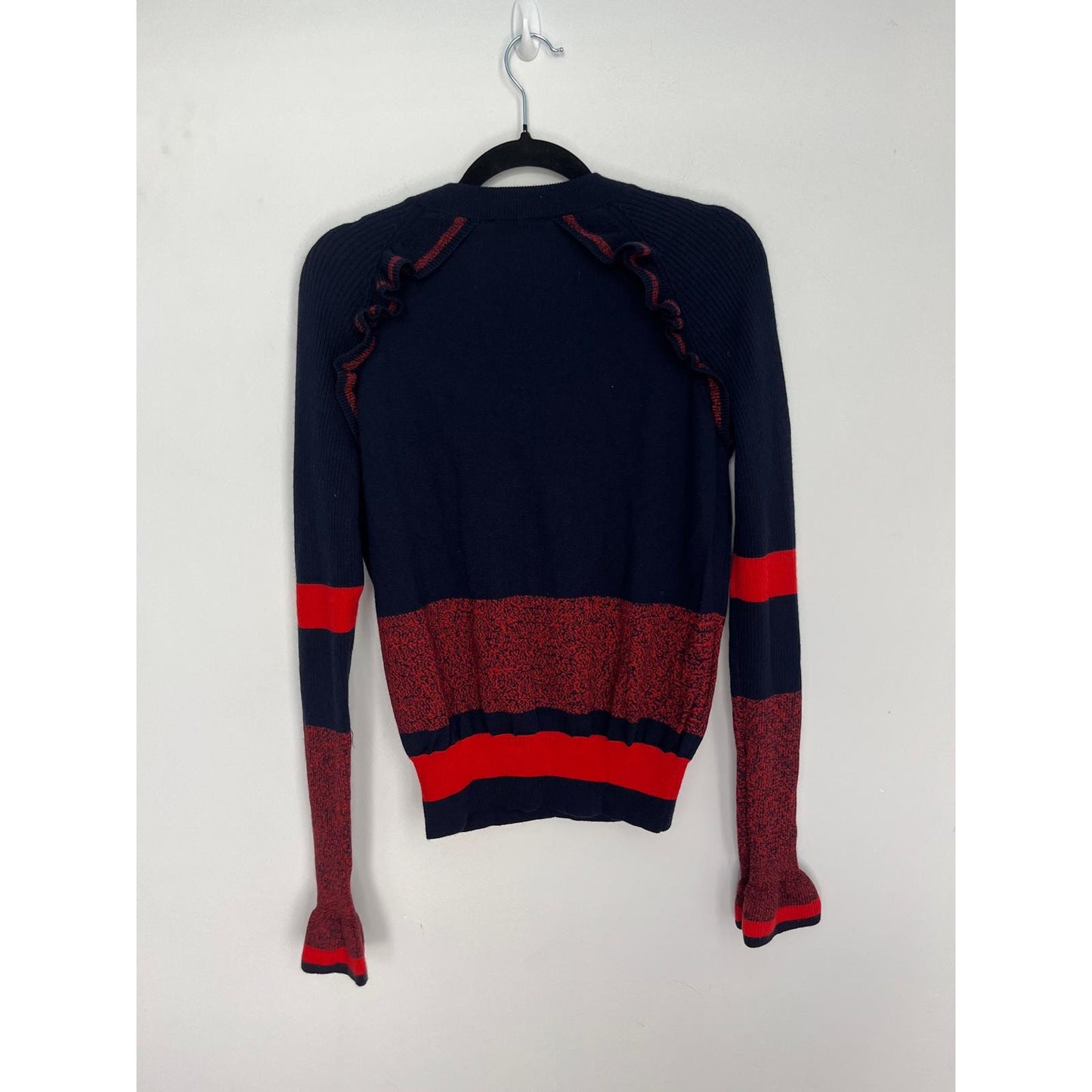 Escada Sport Ruffle Cardigan Women L Navy Red Knit Button Up Sweater