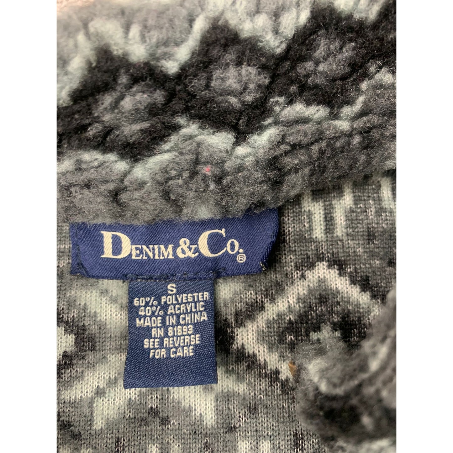 Denim & Co. Womens Small Gray Aztec Fuzzy Full Zip Sweater
