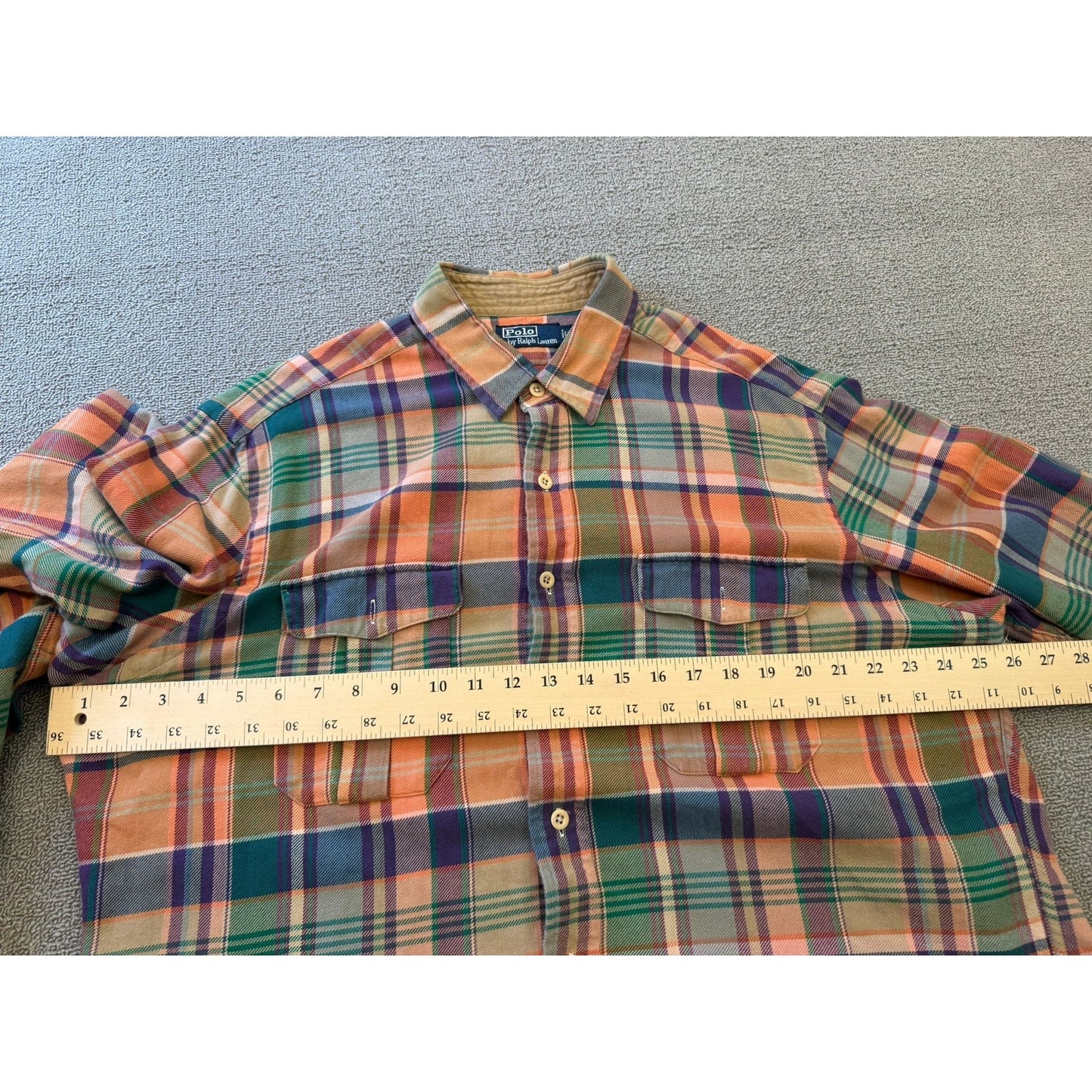 Polo by Ralph Lauren Male XL Orange Blue Green Plaid Collared Long Sleeve Shirt