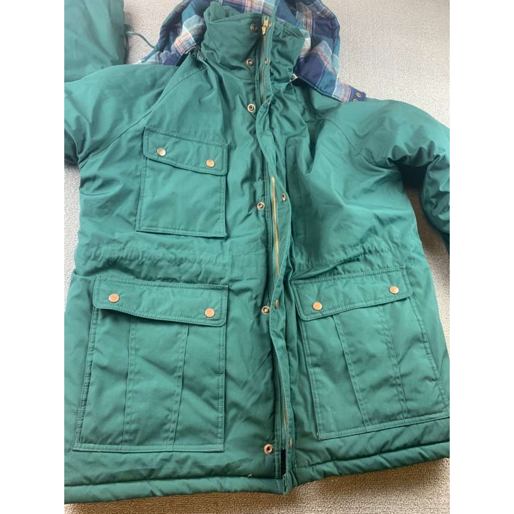 St John’s Bay Men’s Size Large Green Plaid Lined Hooded Parka Jacket Korea Made