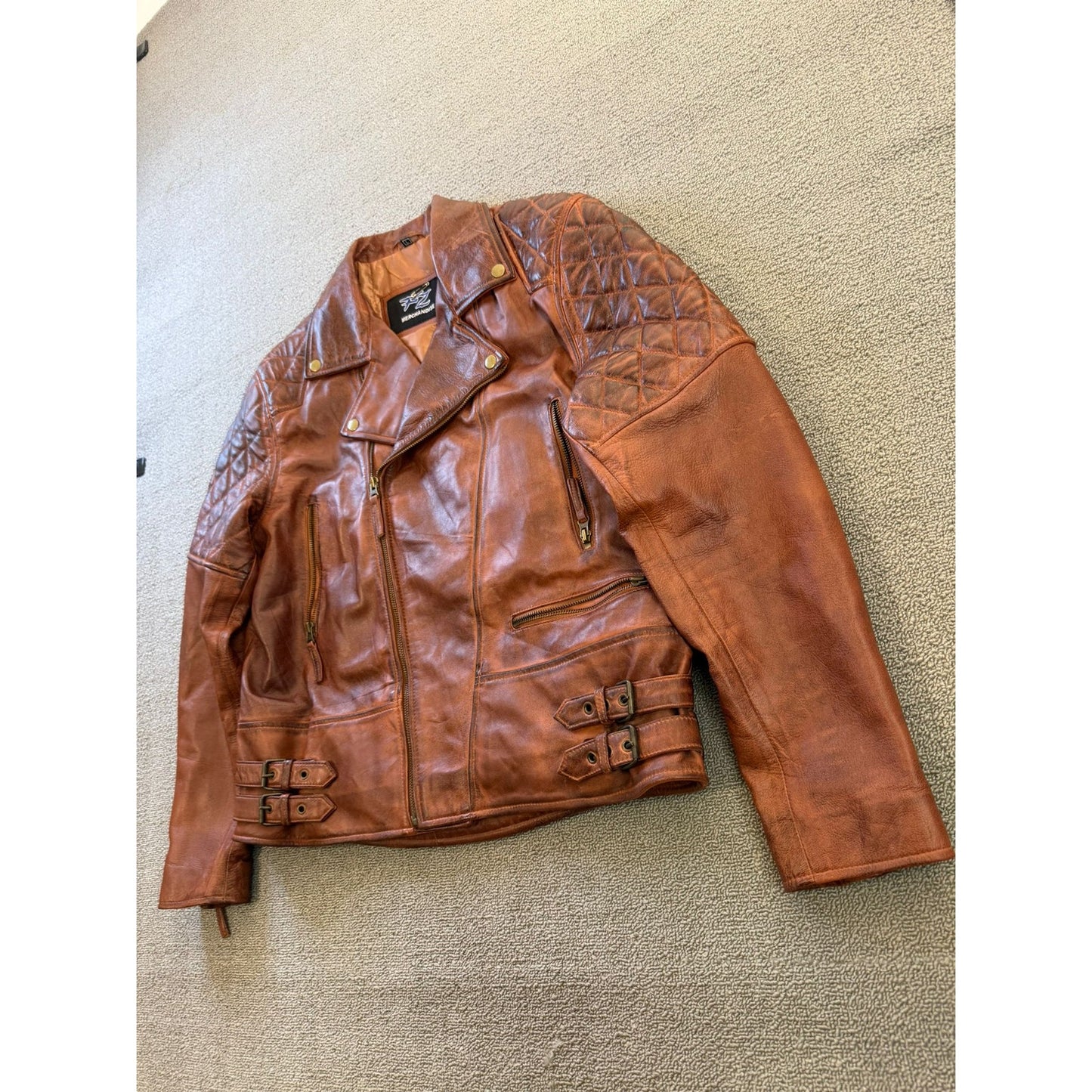 FZ Merchandise Large Men's Brown Leather Motorcycle Jacket Quilted Shoulders