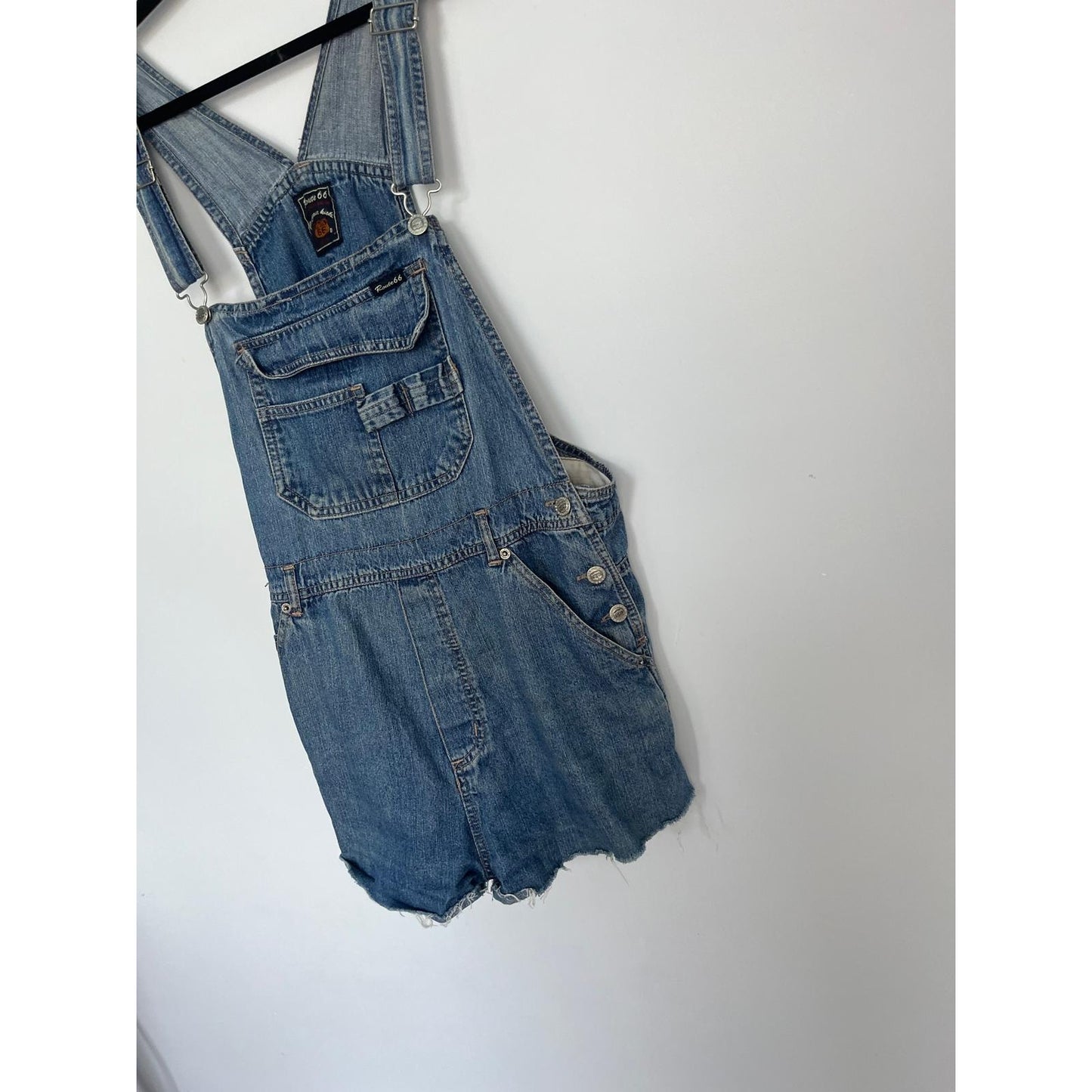 Route 66 Denim Overalls Shorts Women L Vintage Distressed Carpenter Utility