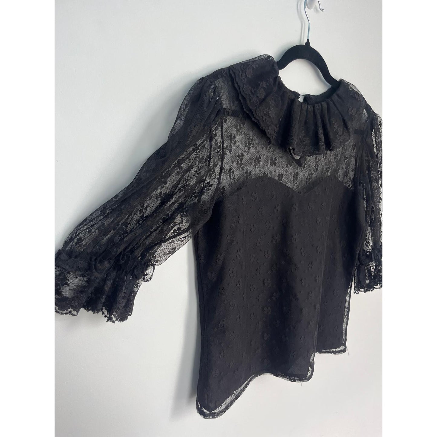 Jean for Joseph Le Bon Sheer Lace Blouse Women 8 Black Victorian Puff Sleeve