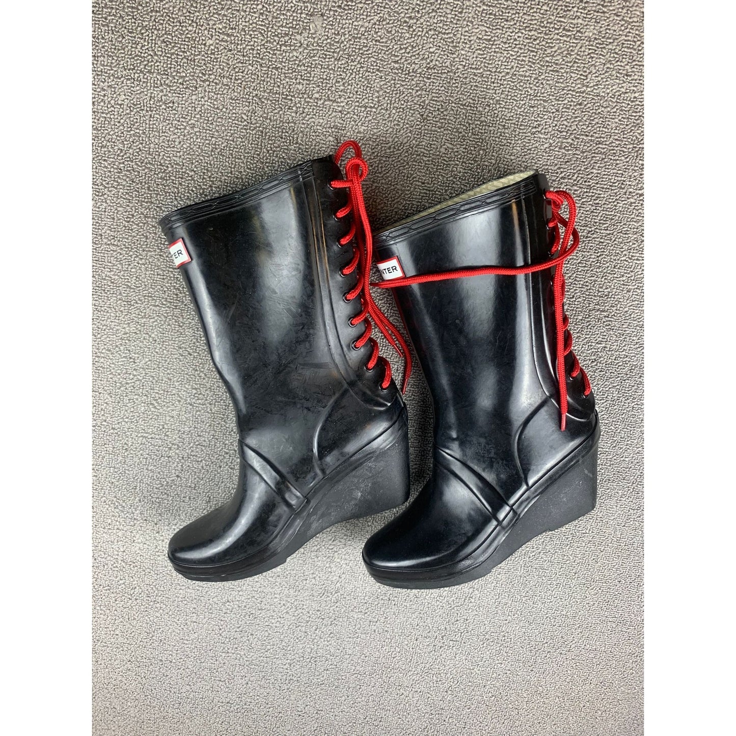 Hunter Women's 7 Black Verbier Wedge Boots Red Lace Up Rubber Rain