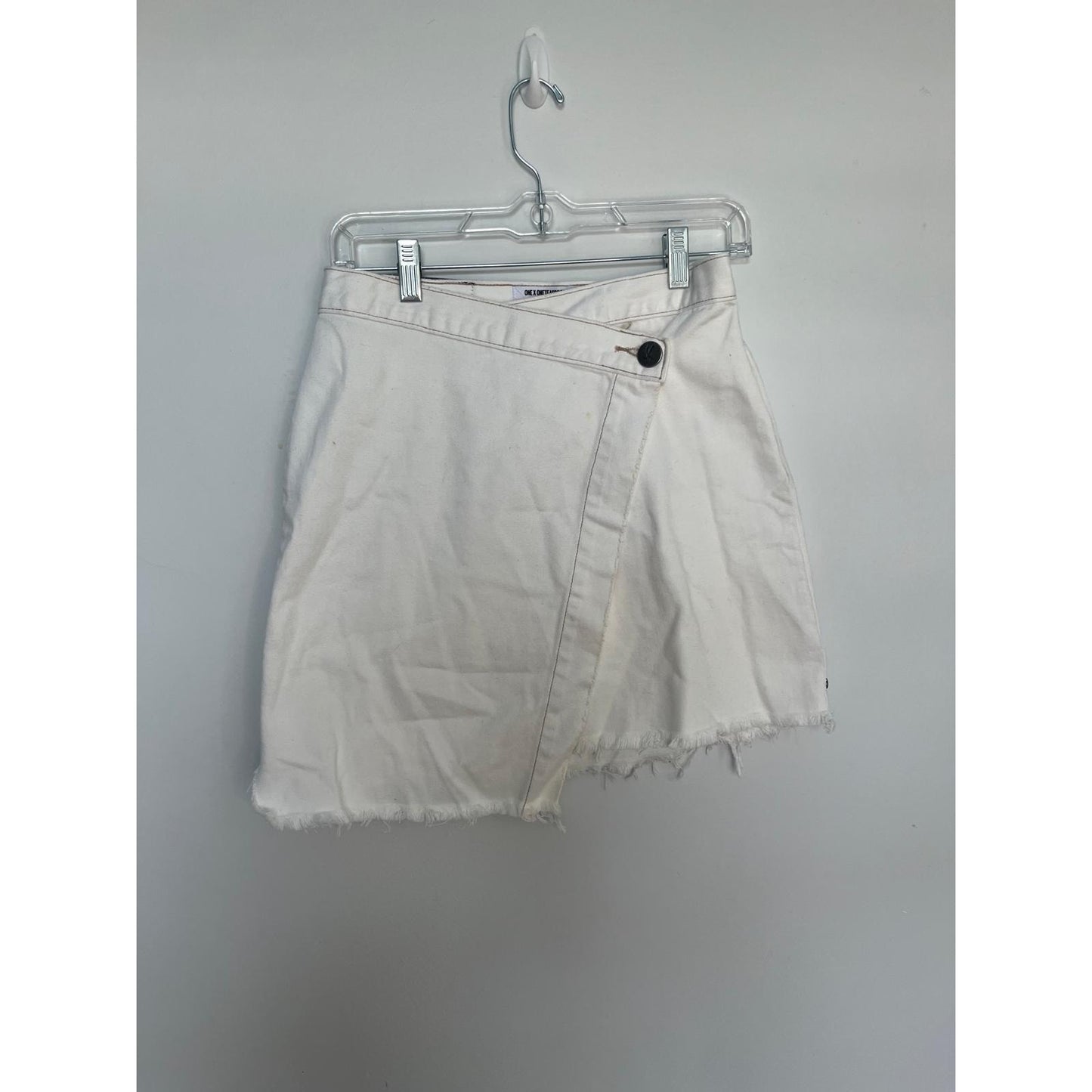 One x OneTeaspoon White Denim Wrap Mini Skirt Women 26 Distressed Raw Hem