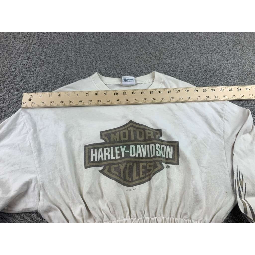 VTG Harley Davidson Cropped Graphic Shirt Size Small Camo Flames Tulsa Oklahoma