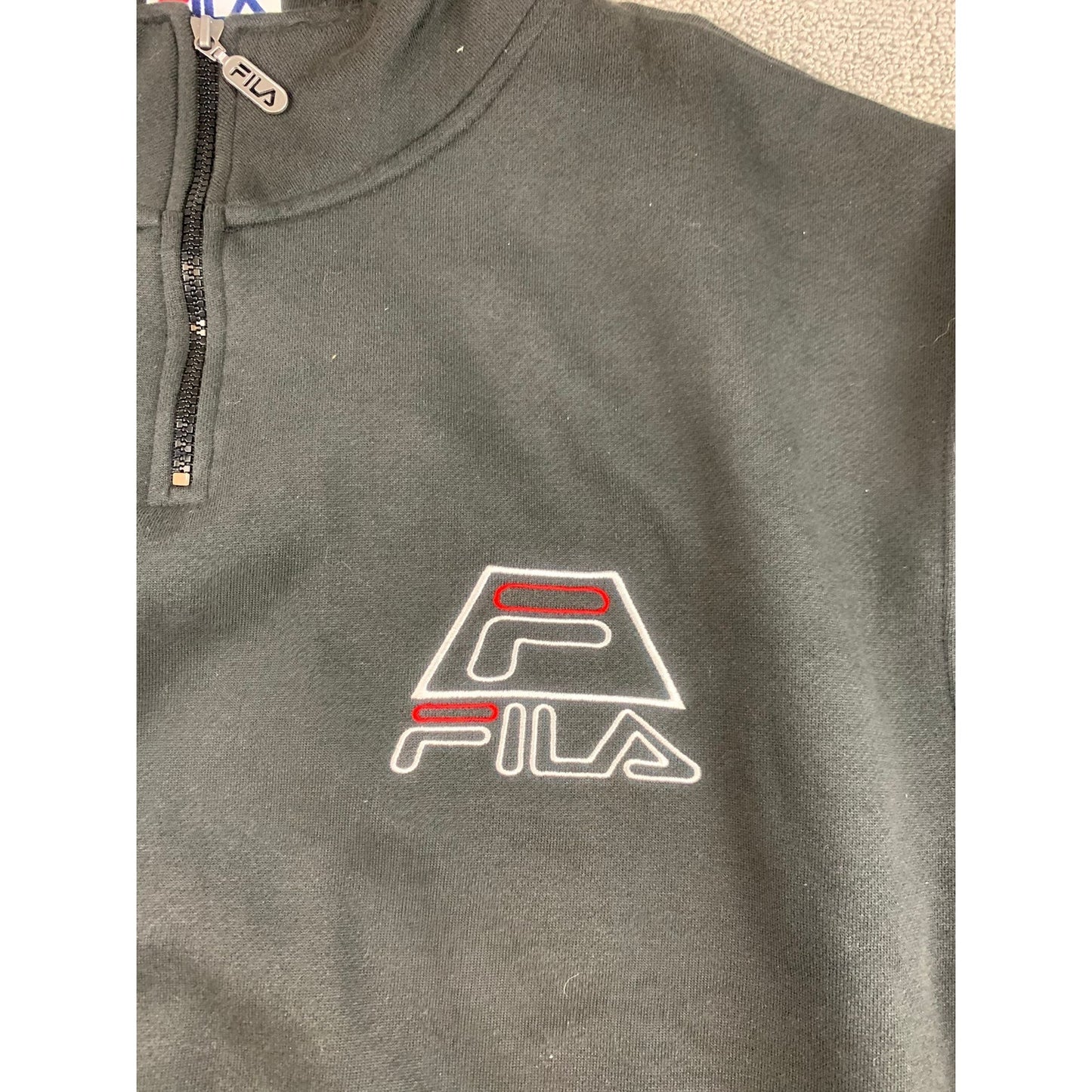 Fila Men Large Black Quarter-Zip Sweatshirt Cotton Blend Cool Logo