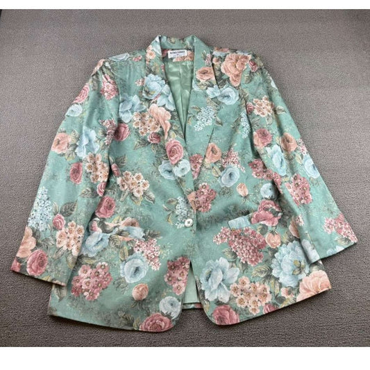 Alfred Dunner Women's 14 Floral Green Blazer Made In USA Pink Blue Roses
