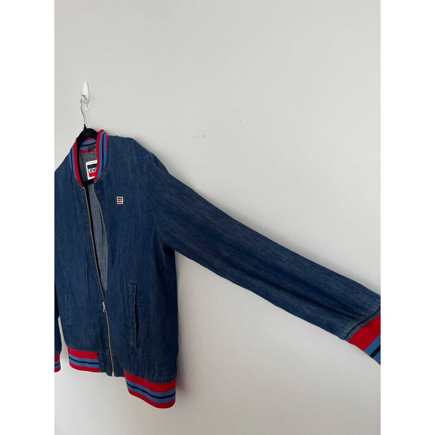 Levis Bomber Jacket Women S Blue Denim Zip Front Red Stripe Trim Retro Logo