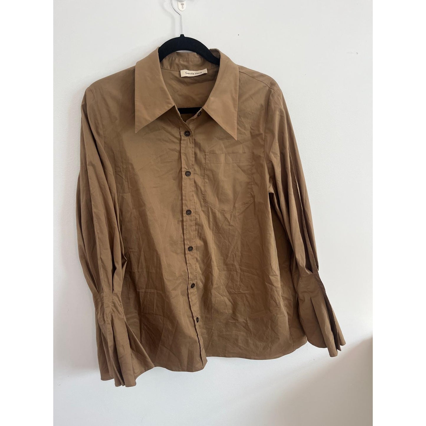 Gentle Herd Button Down Shirt Women L Brown Cotton Blend Puff Sleeve