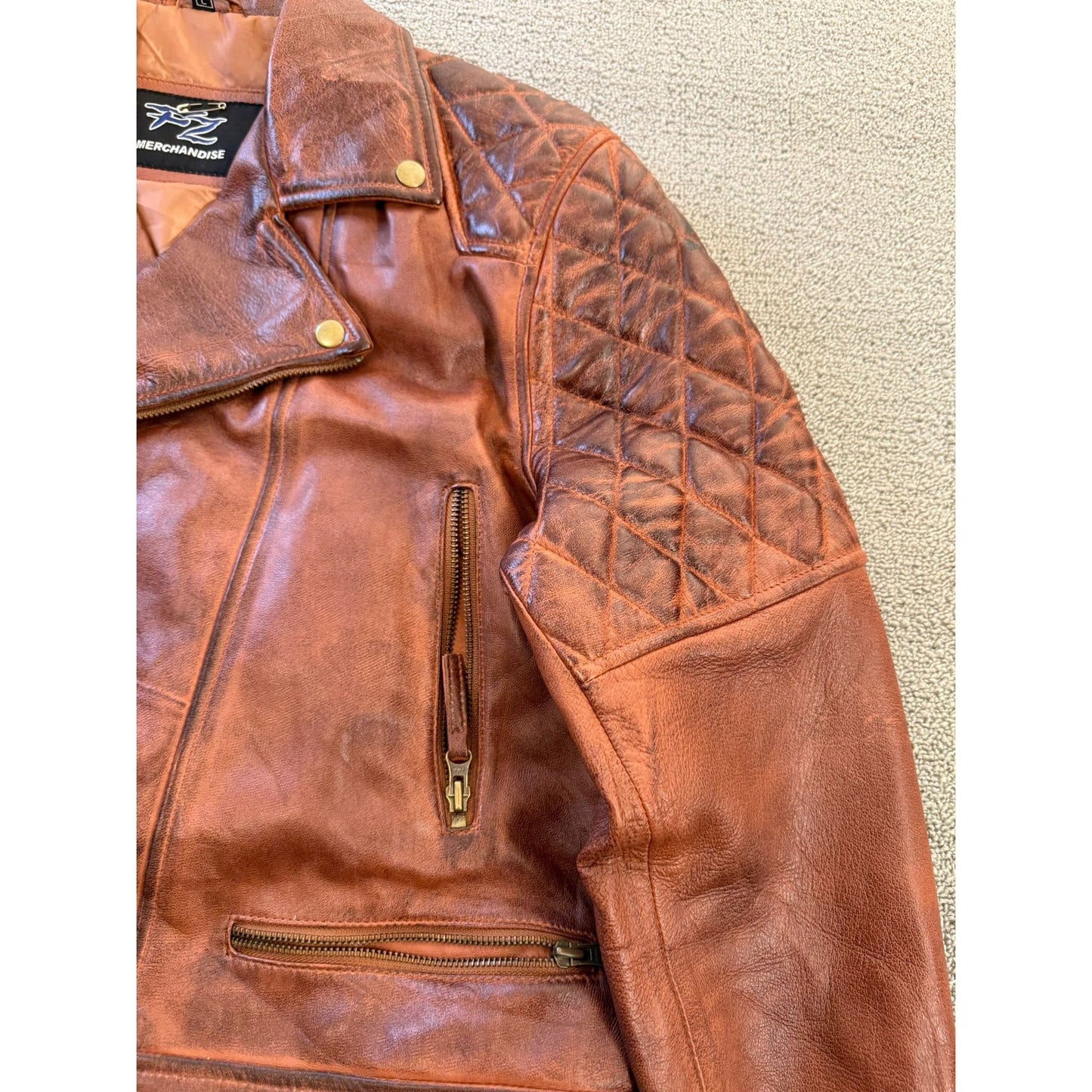 FZ Merchandise Large Men's Brown Leather Motorcycle Jacket Quilted Shoulders