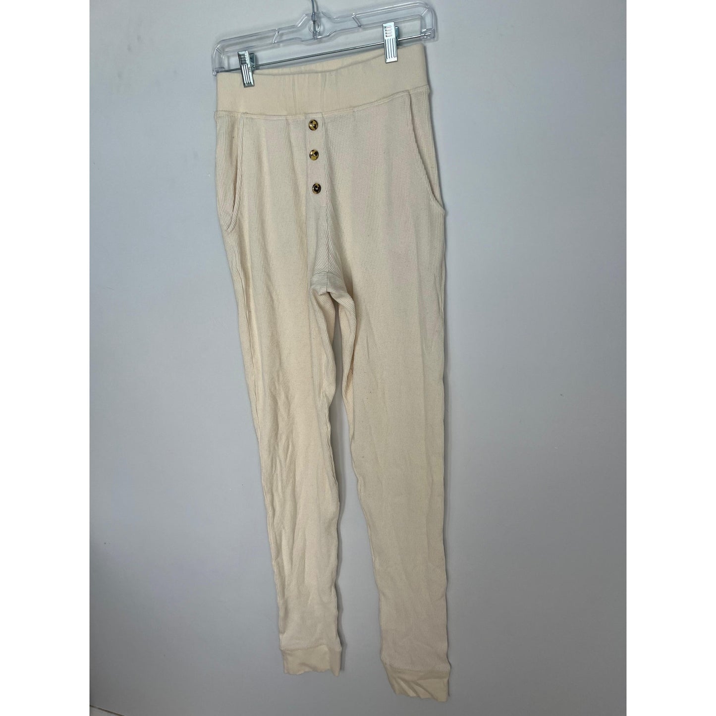Donni Thermal Lounge Pants Women M Cream Button Front Ribbed Pull On