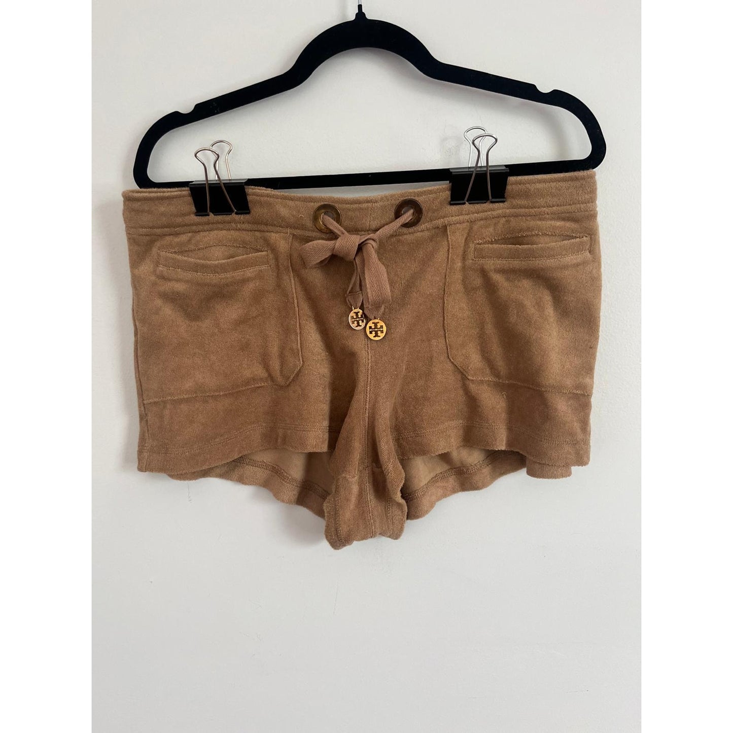 Tory Burch Velour Lounge Shorts Womens Small Logo Drawstring Terrycloth Brown