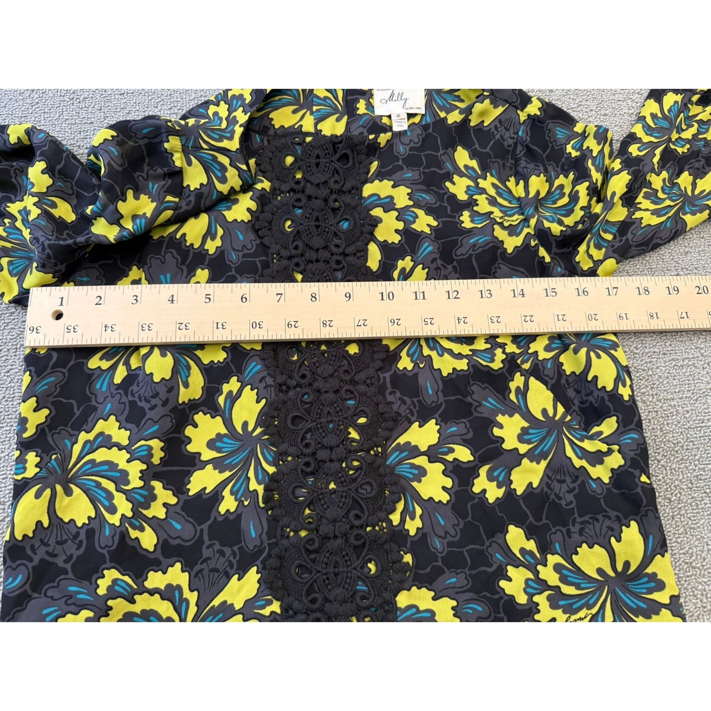 Original Milly Women's Size 2 Black Yellow Floral Mini Dress Long Sleeve