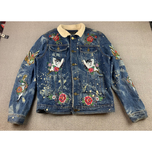 REASON NY Moto Sherpa Denim Jacket Men’s M Streetwear Embroidered Pin Up Roses