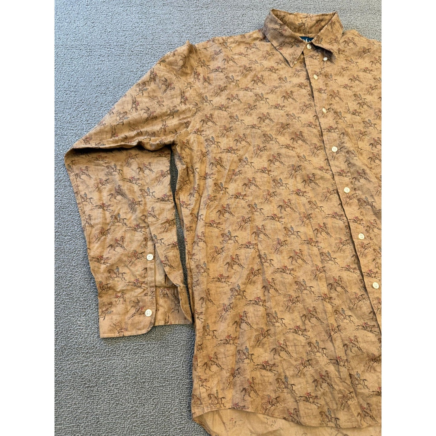 RALPH LAUREN Men's Button Down Shirt L Tan Brown Equestrian Horse Vintage Print